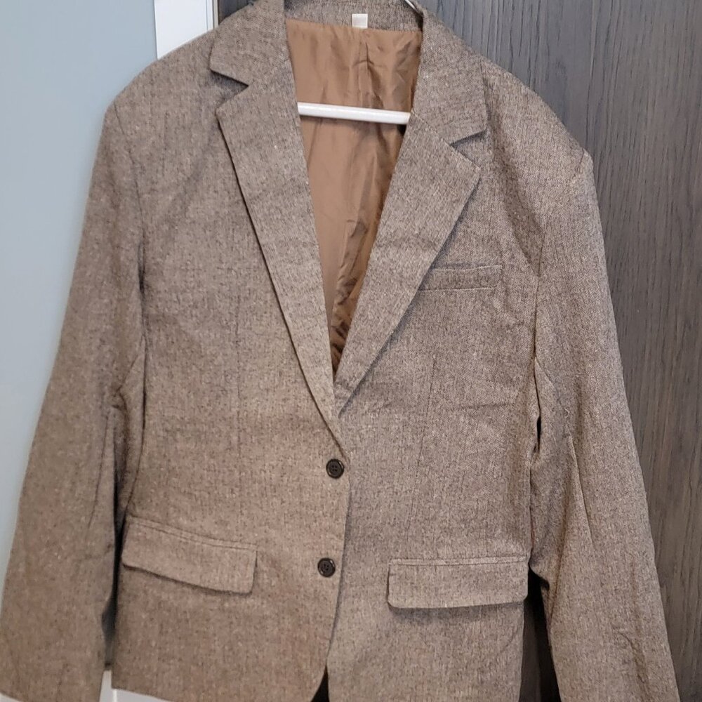 XL Grey Tweed Blazer Jacket w/ Leather Elbow Patches, Never Worn